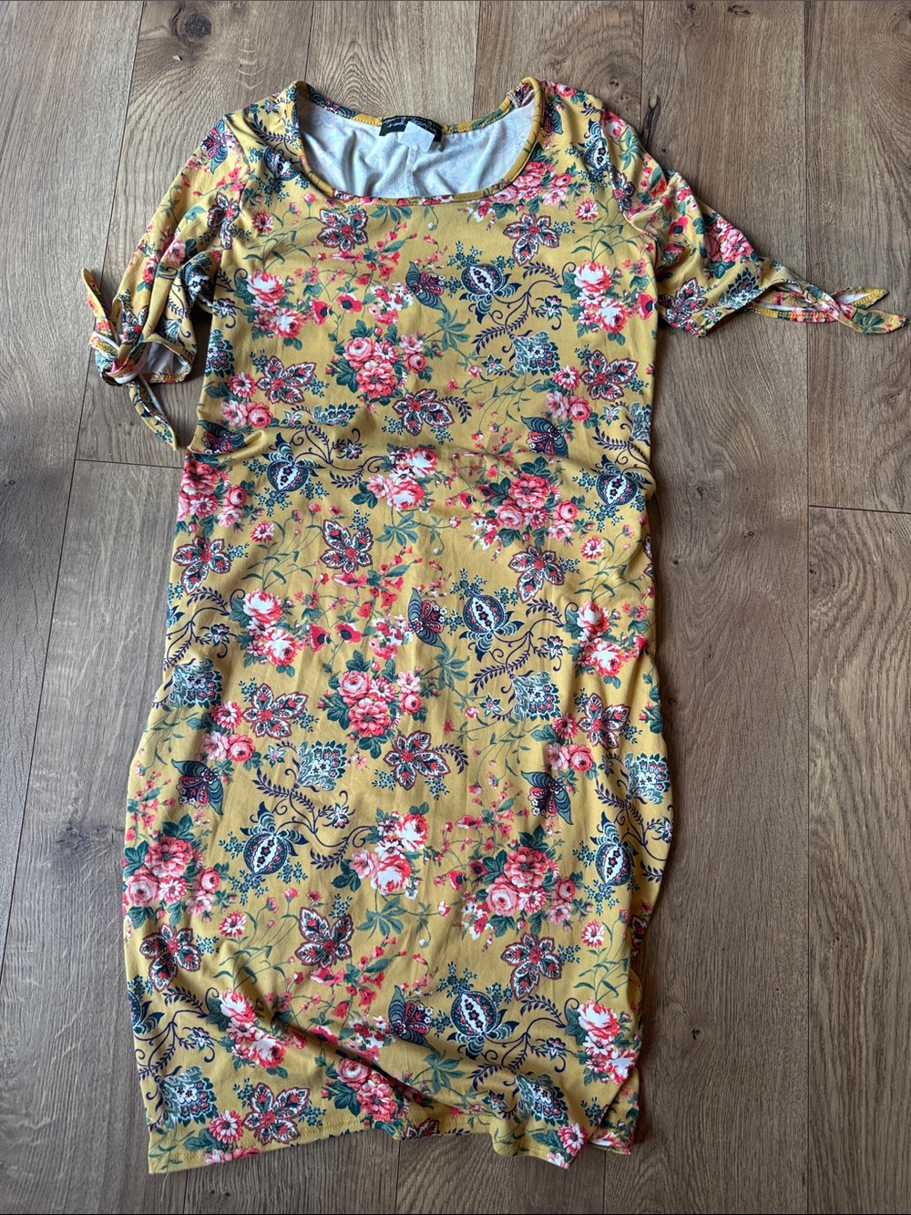 French Atmosphere Mustard Floral Midi Dress with Tie Sleeves